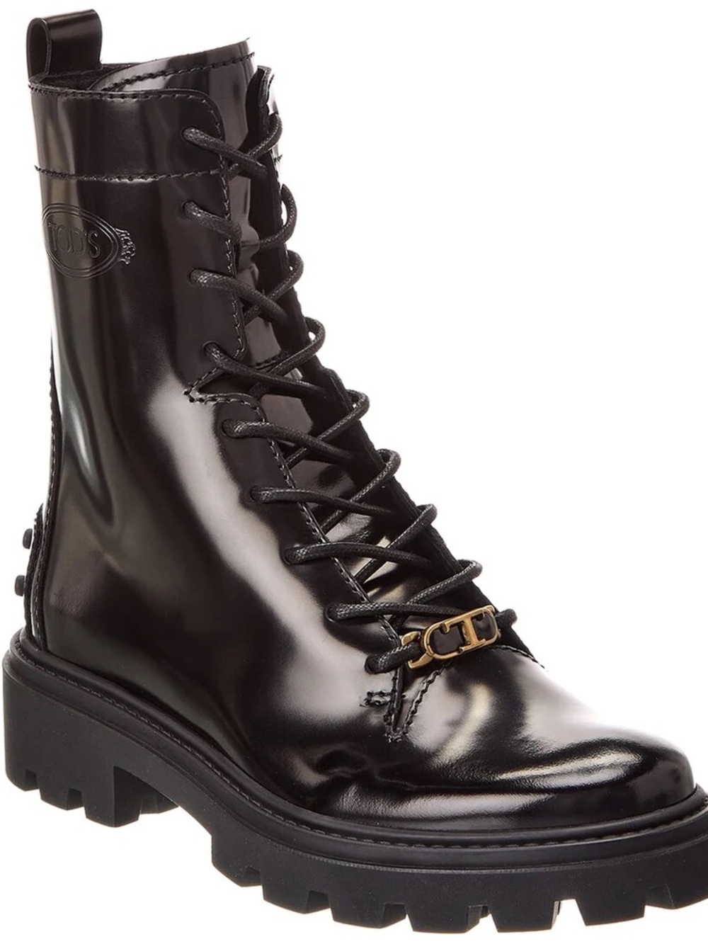 TOD’S LEATHER LACE UP COMBAT BOOTS SIDE ZIP LUXE GOMMINI Black 40